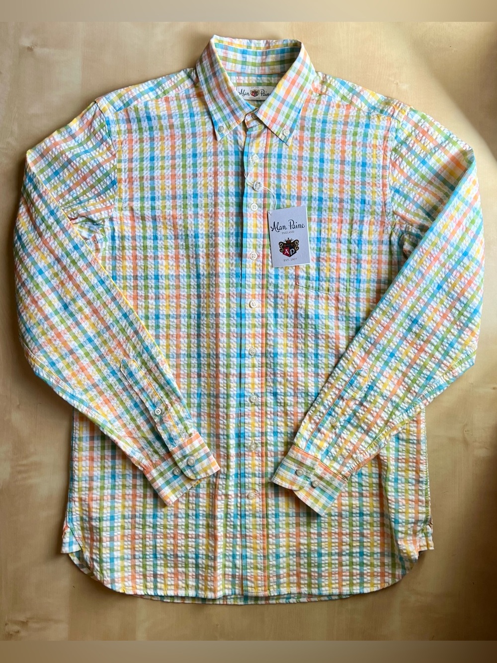 Alan Paine England Multicolor Pastel Seersucker Button-Down Shirt UK 8 Classic